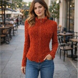 Trixi Schober Red Velour Textured Zip Jacket Lined Germany Size 8